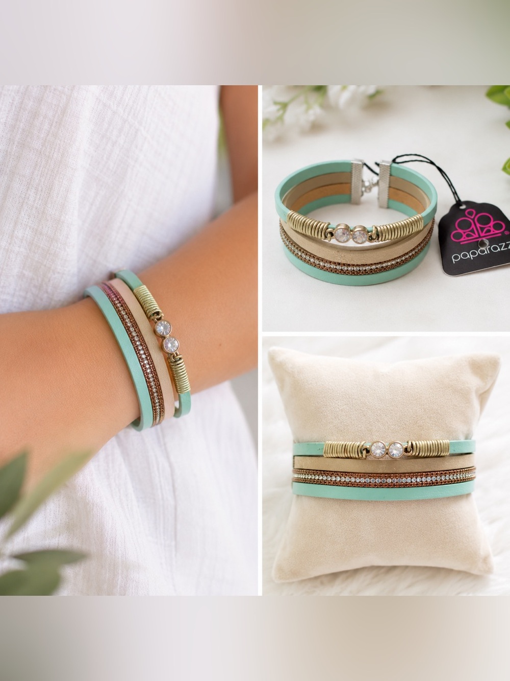 Paparazzi Mint Green Multi Strand Bracelet NWT Rhinestone Accent